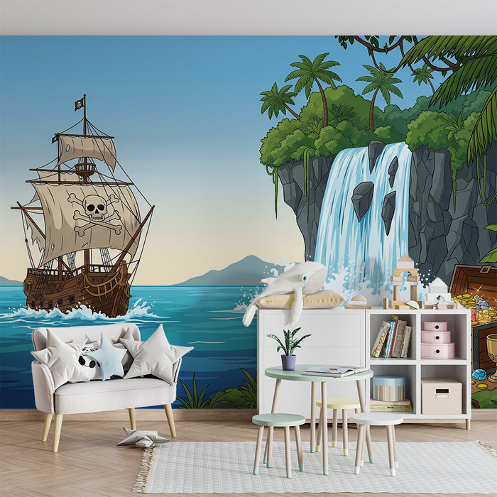 Papier peint chambre enfant | Aventure de pirate avec bateau et trésor caché
