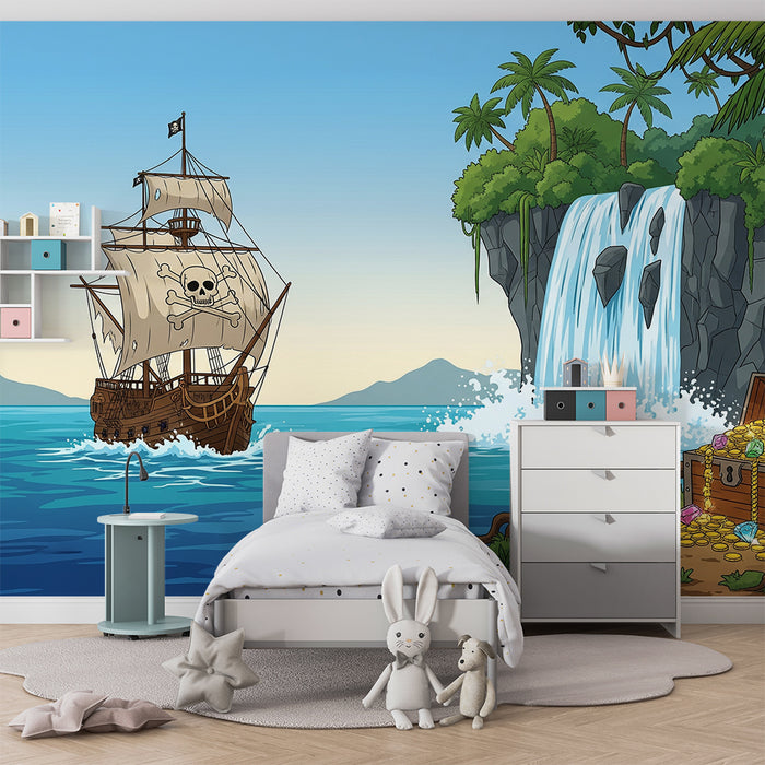 Papier peint chambre enfant | Aventure de pirate avec bateau et trésor caché