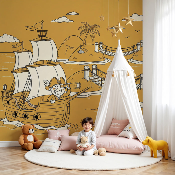 Papel de parede para quarto infantil | Aventura de pirata com barco e tesouro numa ilha tropical