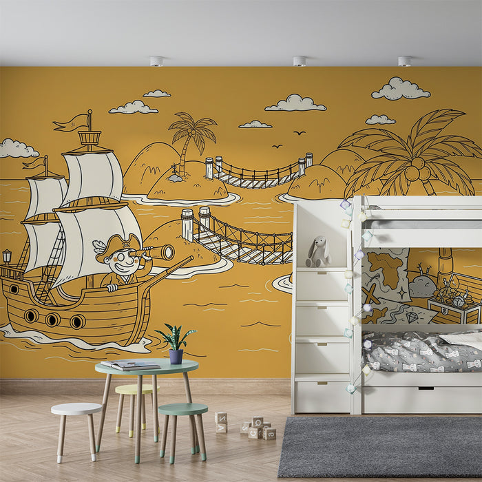 Papel de parede para quarto infantil | Aventura de pirata com barco e tesouro numa ilha tropical