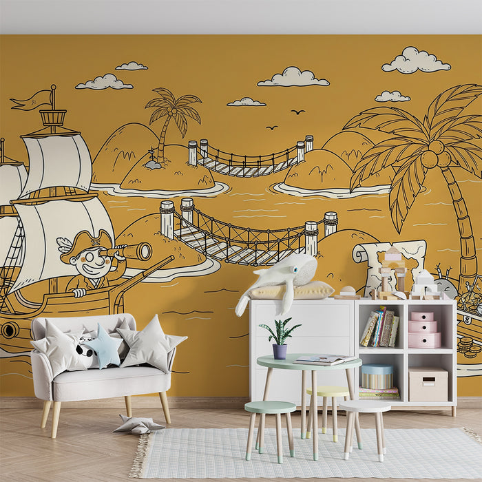 Papel de parede para quarto infantil | Aventura de pirata com barco e tesouro numa ilha tropical