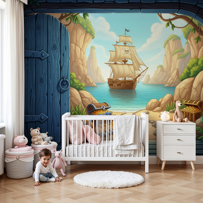 Kinderzimmer-Tapete | Piratenabenteuer mit Schiff und Schätzen am Strand