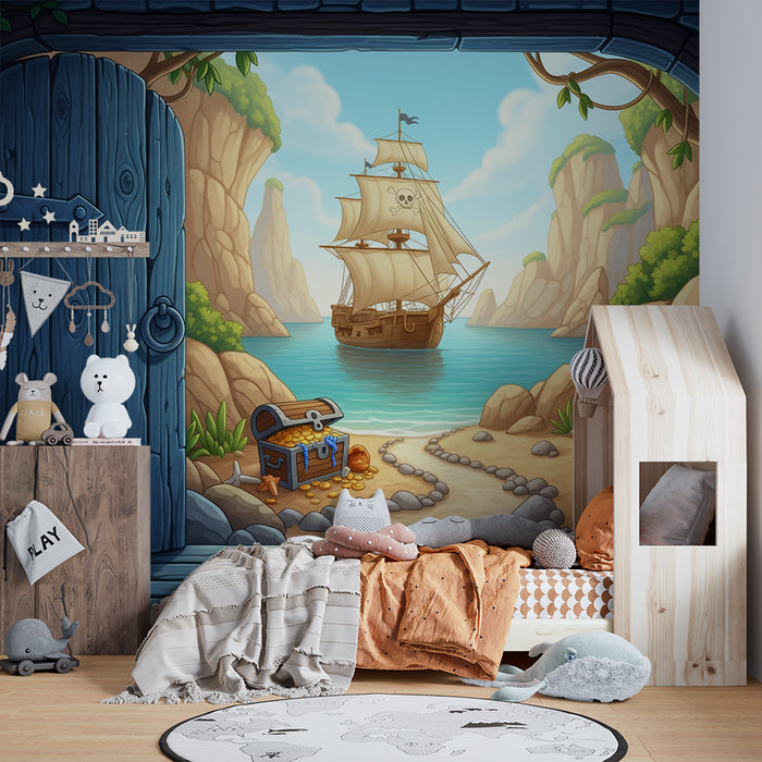 Kinderzimmer-Tapete | Piratenabenteuer mit Schiff und Schätzen am Strand