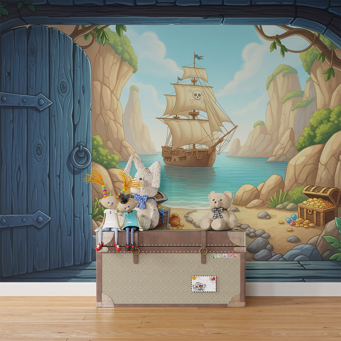 Kinderzimmer-Tapete | Piratenabenteuer mit Schiff und Schätzen am Strand