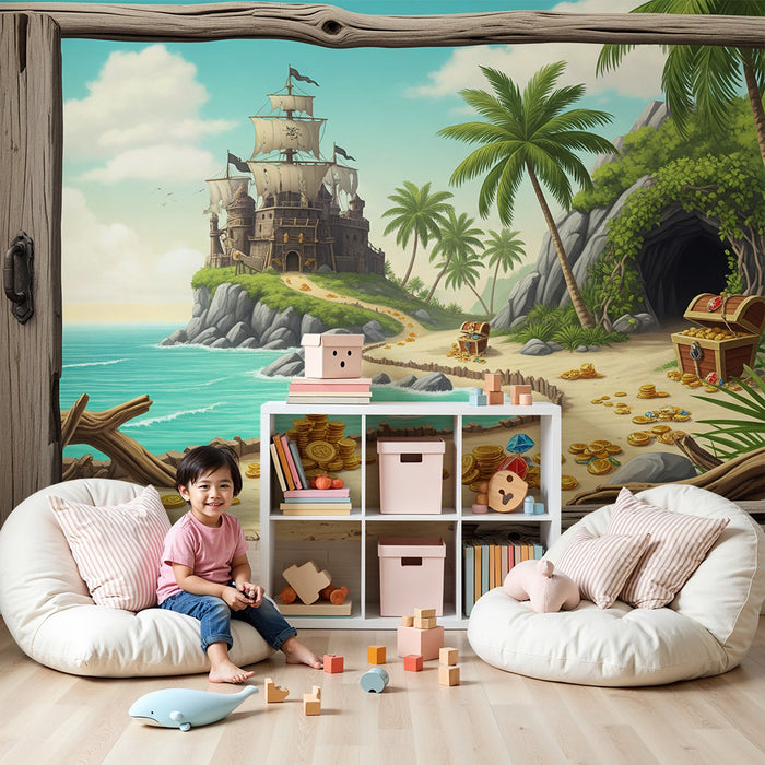 Kids' bedroom wallpaper | Pirate adventure with treasure and tropical island
