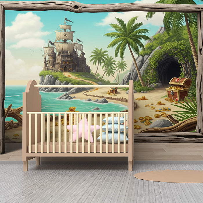 Kids' bedroom wallpaper | Pirate adventure with treasure and tropical island