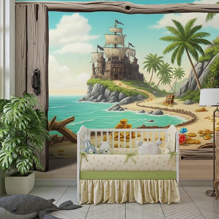 Kids' bedroom wallpaper | Pirate adventure with treasure and tropical island