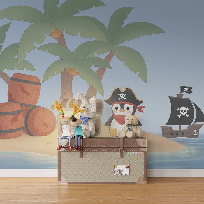 Kinderkamer behang | Piratenavontuur met een pinguïn