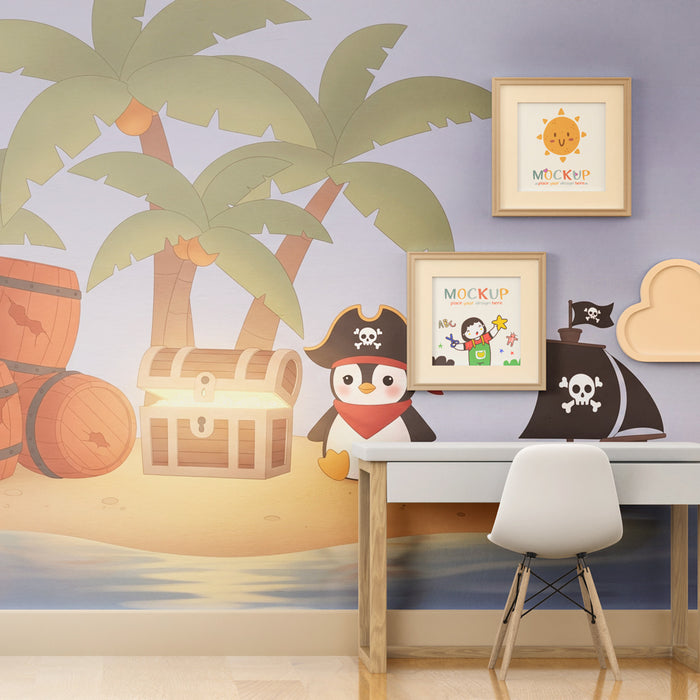 Kinderkamer behang | Piratenavontuur met een pinguïn