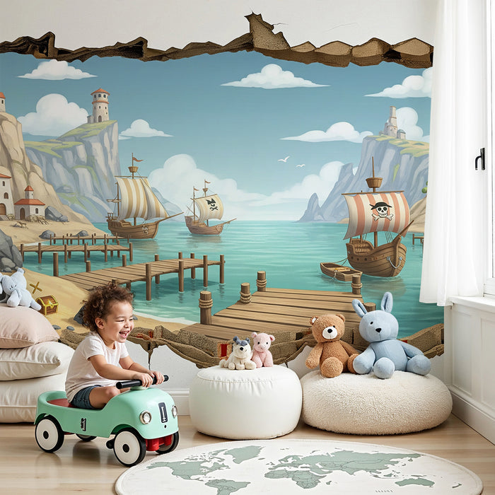 Kinderzimmer-Tapete | Piratenabenteuer am Meer mit Schiffen und Schatz