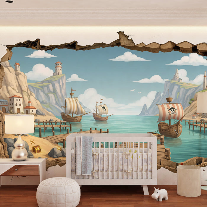 Kinderzimmer-Tapete | Piratenabenteuer am Meer mit Schiffen und Schatz