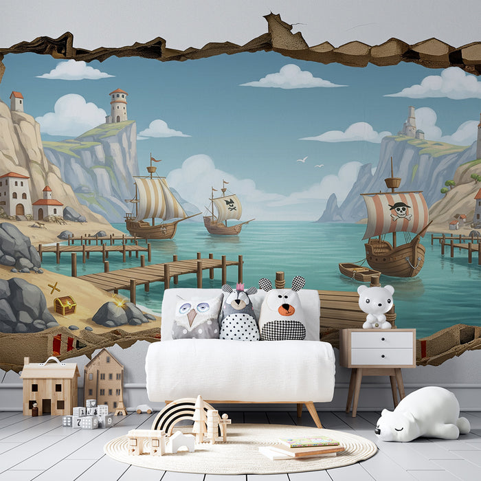 Kinderzimmer-Tapete | Piratenabenteuer am Meer mit Schiffen und Schatz