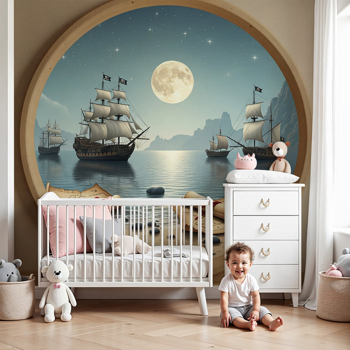 Papel de parede para quarto infantil | Aventura de piratas com navios e mapas do tesouro