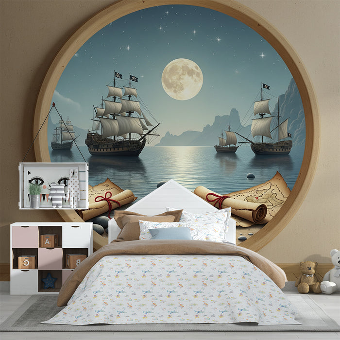 Papel de parede para quarto infantil | Aventura de piratas com navios e mapas do tesouro