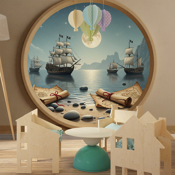 Papel de parede para quarto infantil | Aventura de piratas com navios e mapas do tesouro
