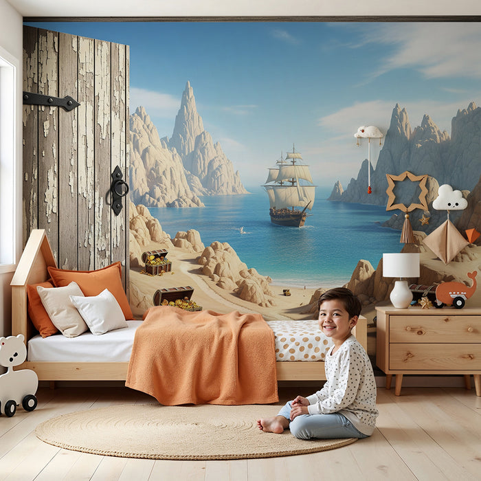 Papier peint chambre enfant | Aventure de pirates avec trésors et navire en mer