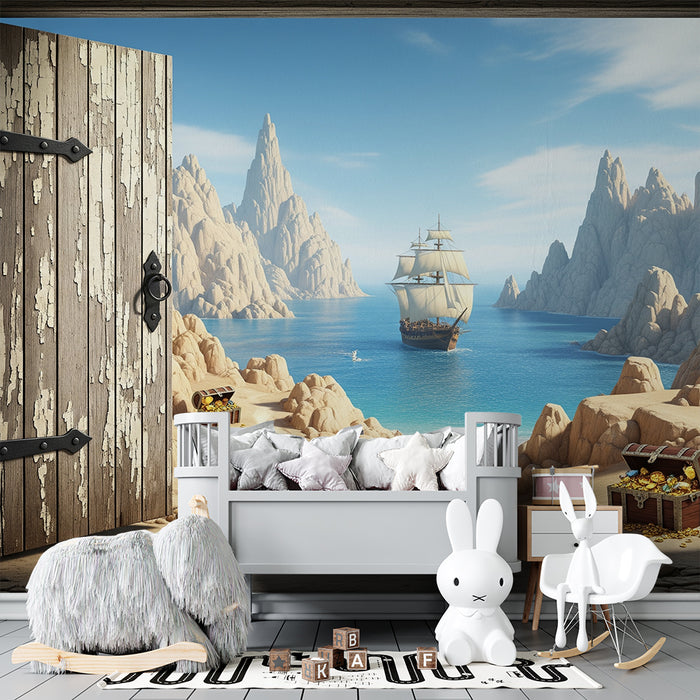 Papier peint chambre enfant | Aventure de pirates avec trésors et navire en mer