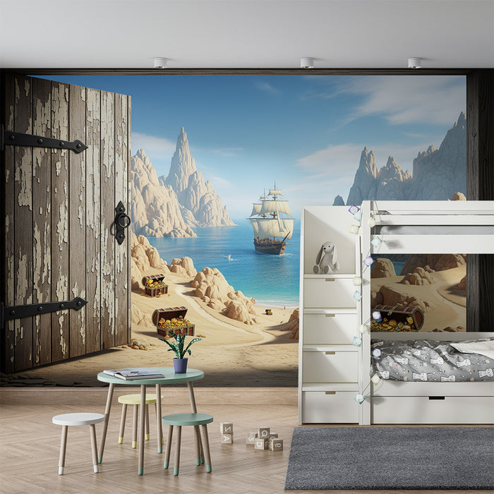 Papier peint chambre enfant | Aventure de pirates avec trésors et navire en mer