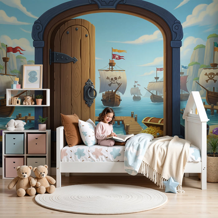 Papel de parede para quarto infantil | Aventura de piratas com tesouros e navios