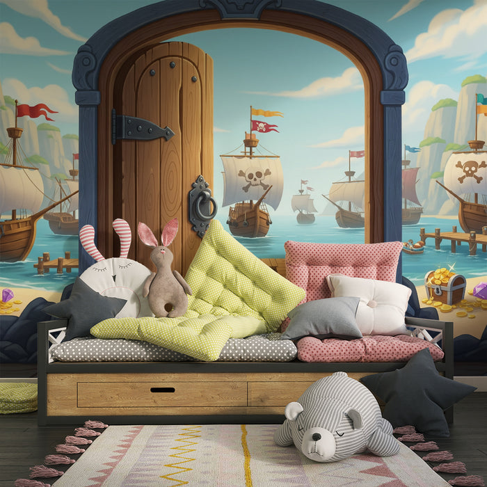 Papel de parede para quarto infantil | Aventura de piratas com tesouros e navios