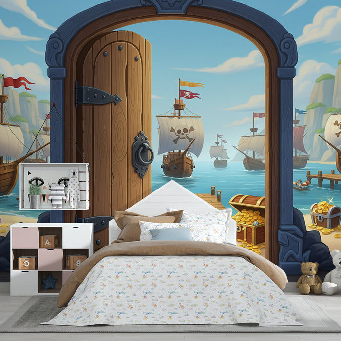 Papel de parede para quarto infantil | Aventura de piratas com tesouros e navios