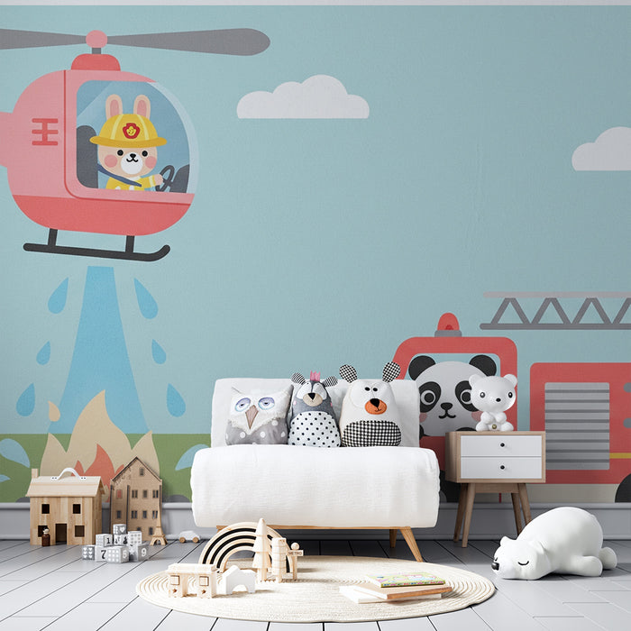 Papel de parede criança | Aventura dos bombeiros com um panda e um helicóptero