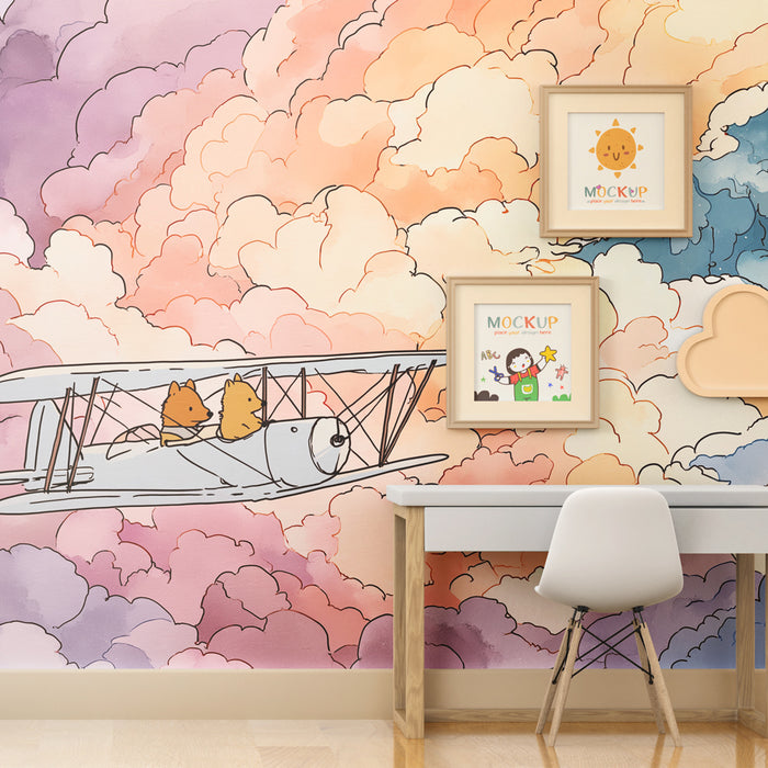 Kinderkamer behang | Avontuur in het vliegtuig naar het land van de wolken