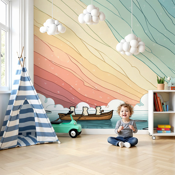 Kinderzimmer Tapete | Abenteuer auf einem Boot unter einem bunten Himmel