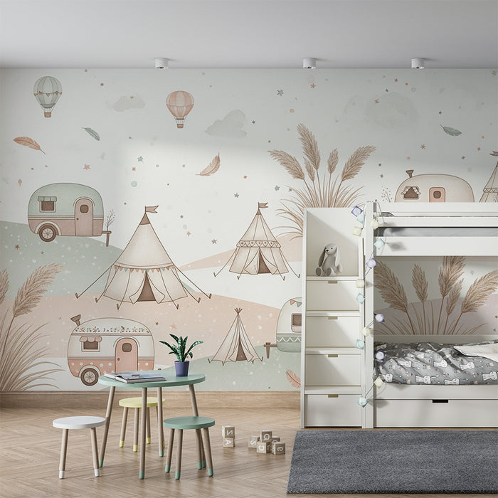 Papel de parede criança | Aventura de acampamento com caravanas e tendas pastel