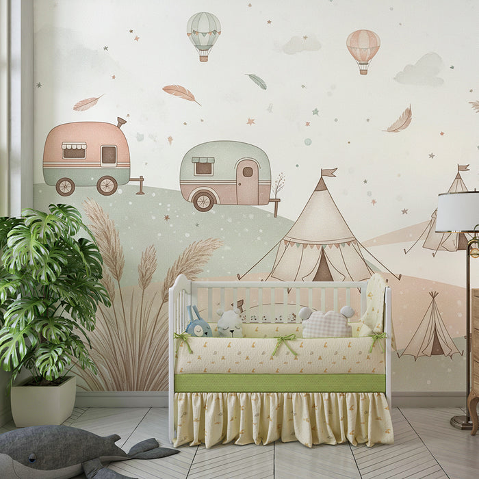 Papel de parede criança | Aventura de acampamento com caravanas e tendas pastel