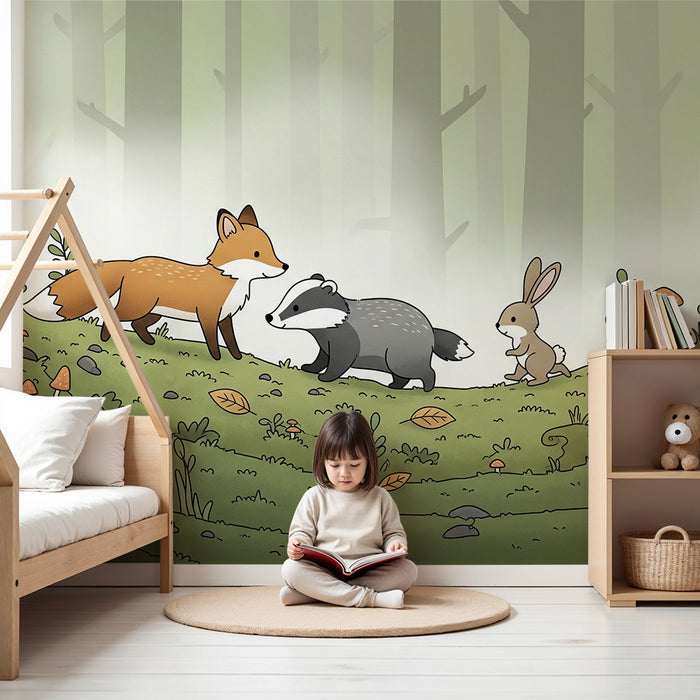 Kinderzimmer Tapete | Abenteuer im Wald mit niedlichen Tieren