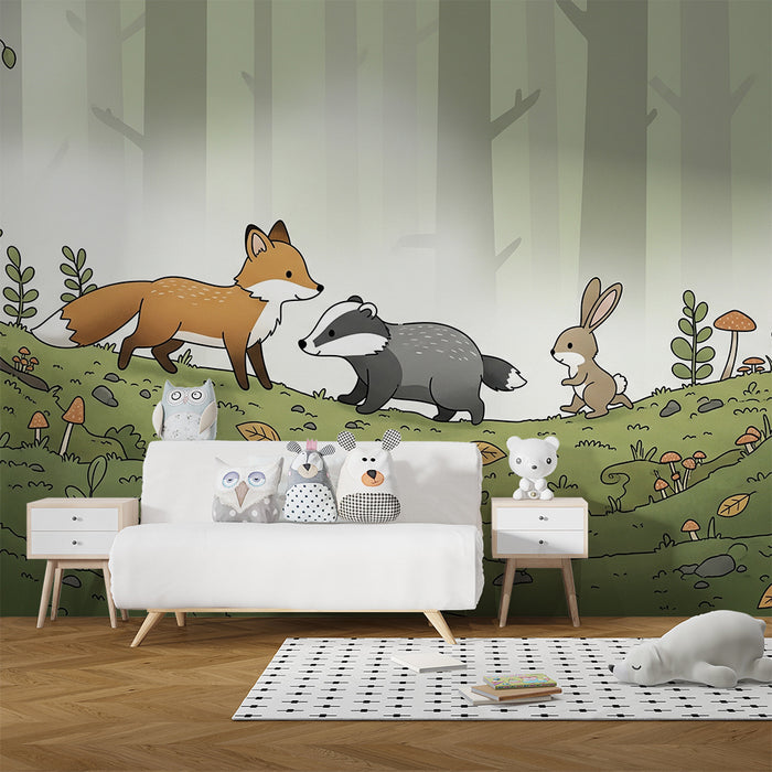 Kinderzimmer Tapete | Abenteuer im Wald mit niedlichen Tieren