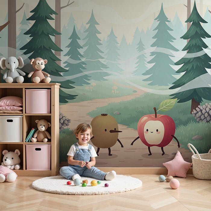 Kinderzimmer Tapete | Waldabenteuer mit einem Kiwi und einem lächelnden Apfel