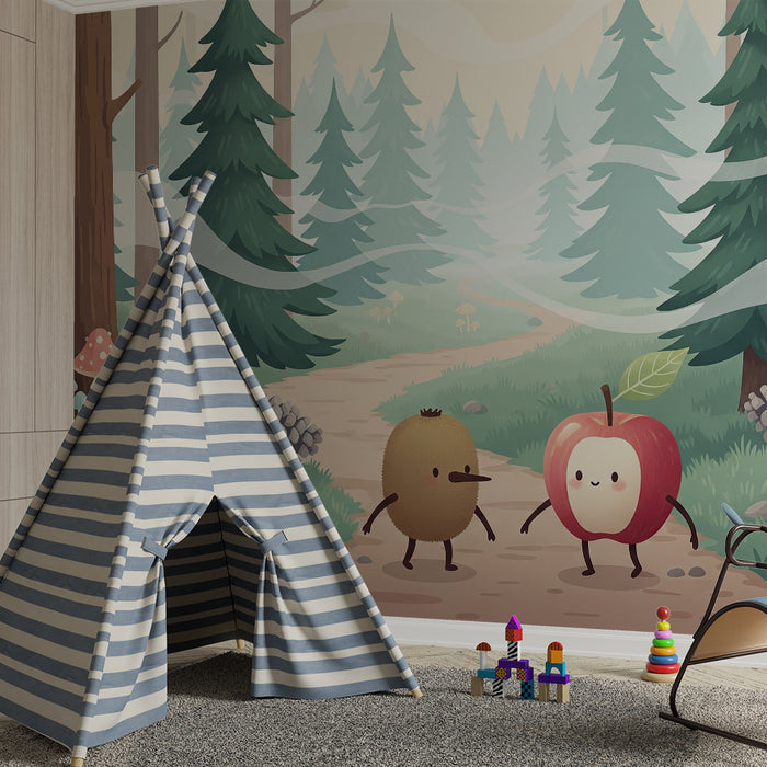 Kinderzimmer Tapete | Waldabenteuer mit einem Kiwi und einem lächelnden Apfel