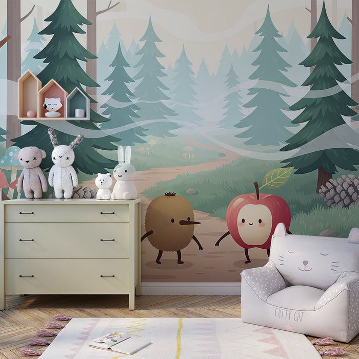 Kinderzimmer Tapete | Waldabenteuer mit einem Kiwi und einem lächelnden Apfel