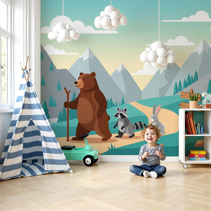 Behang kinderkamer | Avontuur in het bos met een beer en zijn vrienden