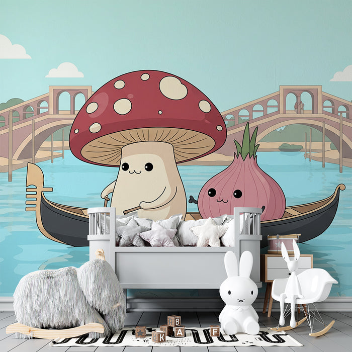 Papel de parede para quarto de criança | Aventura de gôndola com um cogumelo e uma cebola alegres