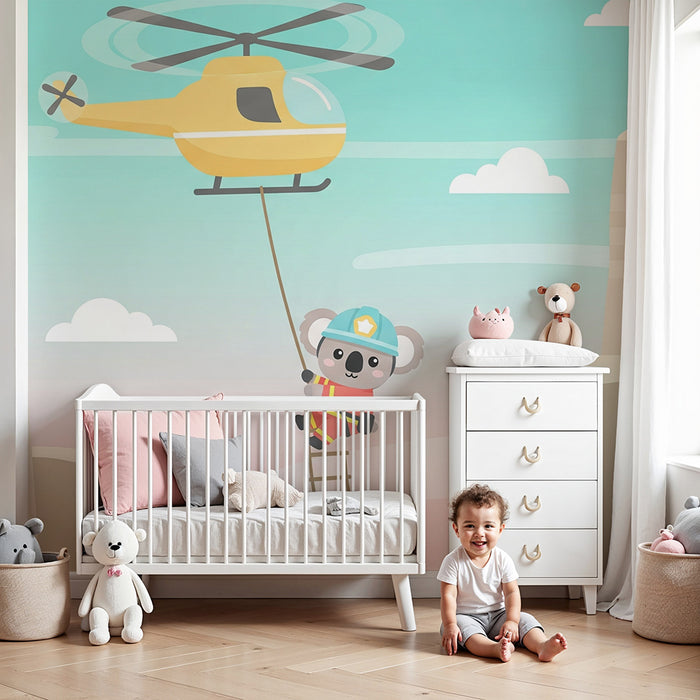 Kids room wallpaper | Helicopter adventure with a firefighter koala
