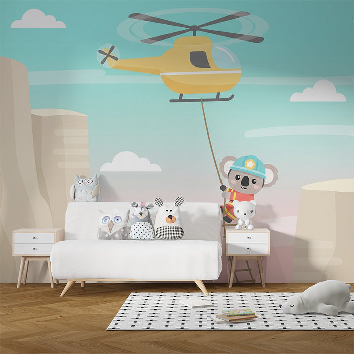 Kids room wallpaper | Helicopter adventure with a firefighter koala