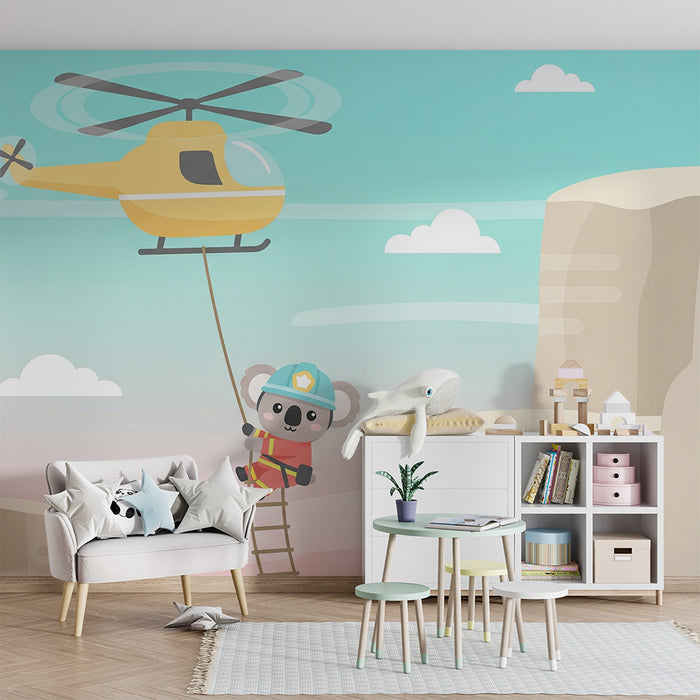 Kids room wallpaper | Helicopter adventure with a firefighter koala