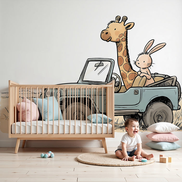 Papier peint chambre enfant | Aventure en jeep avec une girafe et un lapin