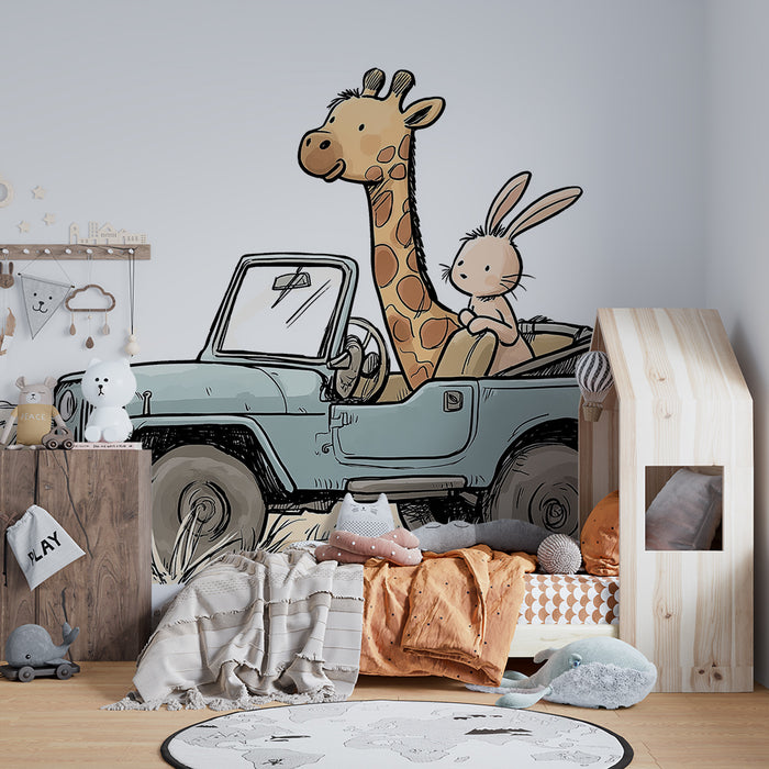 Papier peint chambre enfant | Aventure en jeep avec une girafe et un lapin