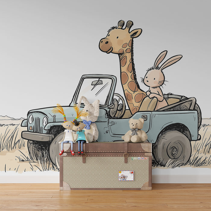 Papier peint chambre enfant | Aventure en jeep avec une girafe et un lapin