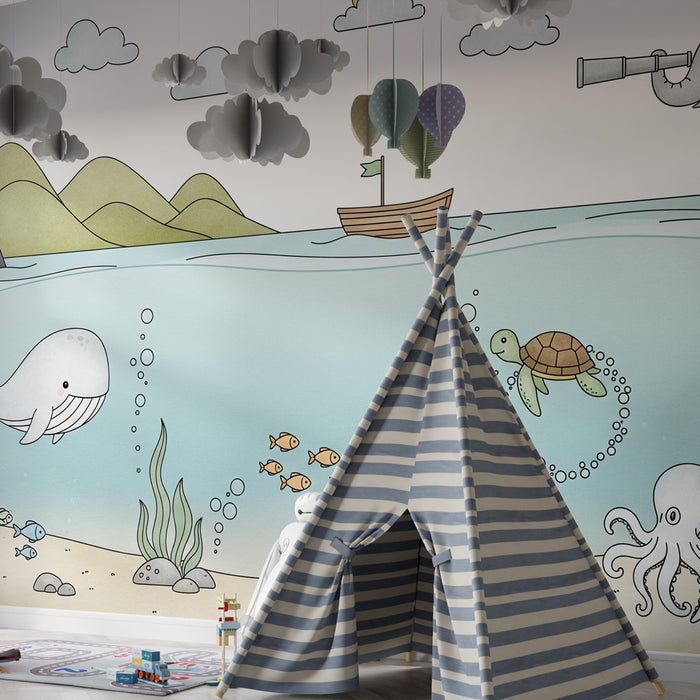 Papier peint chambre enfant | Aventure en mer avec des animaux marins