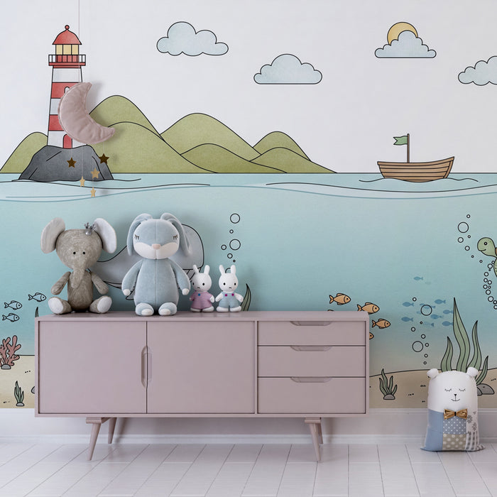 Papier peint chambre enfant | Aventure en mer avec des animaux marins