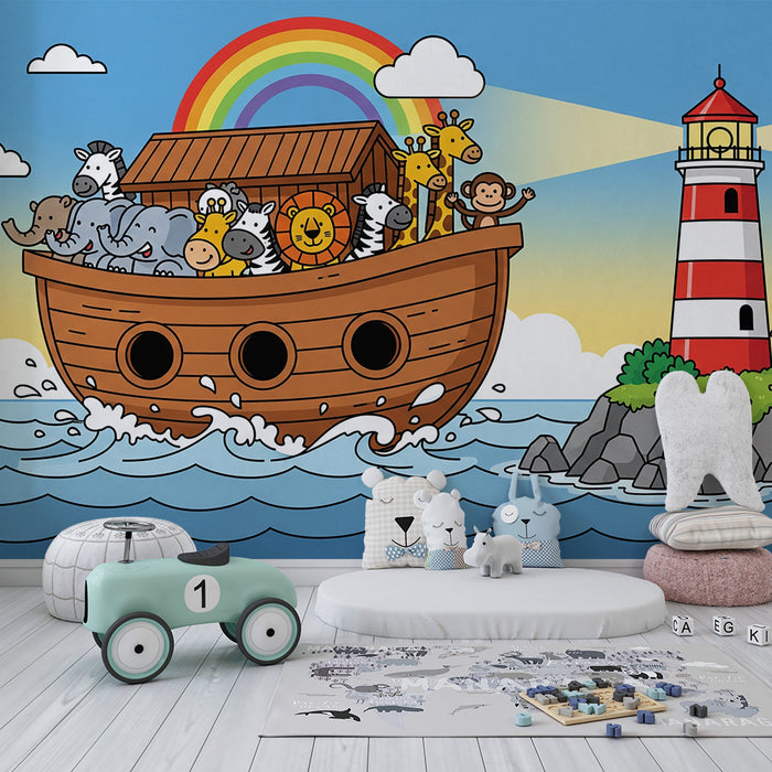 Carta da parati per cameretta | Avventure in mare con animali su una barca colorata