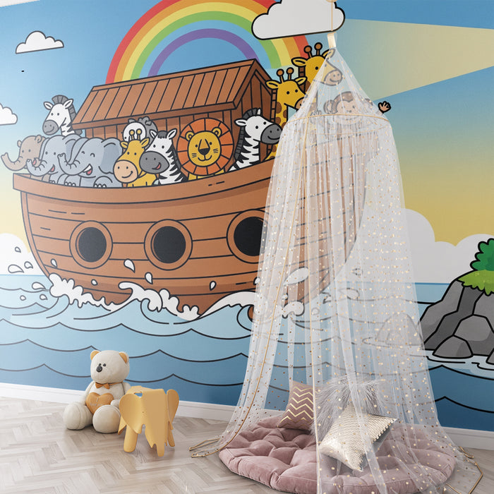 Carta da parati per cameretta | Avventure in mare con animali su una barca colorata