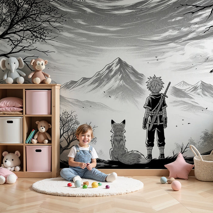 Papier peint chambre enfant | Aventure en montagne avec un jeune héros et son renard
