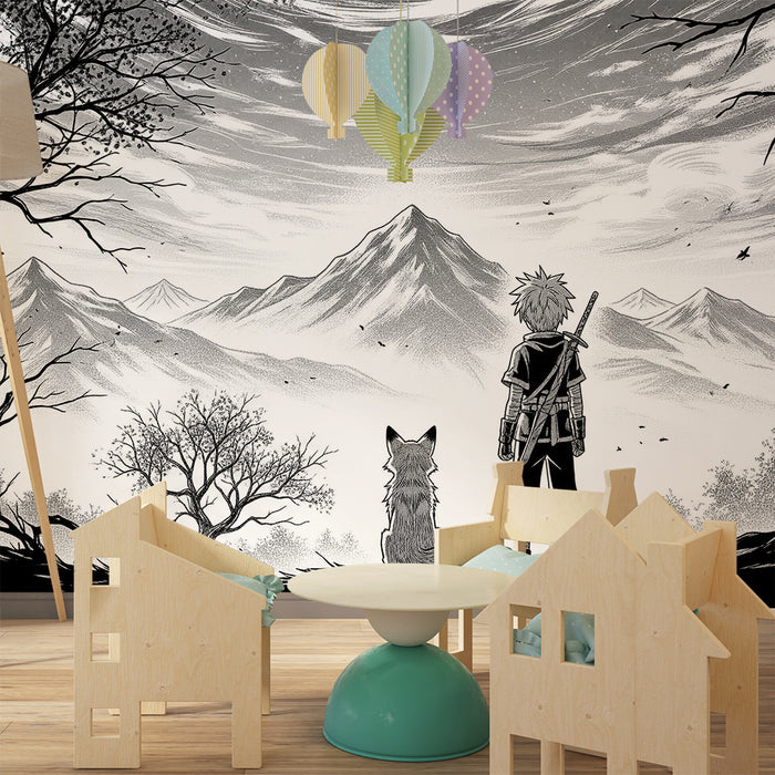 Papier peint chambre enfant | Aventure en montagne avec un jeune héros et son renard