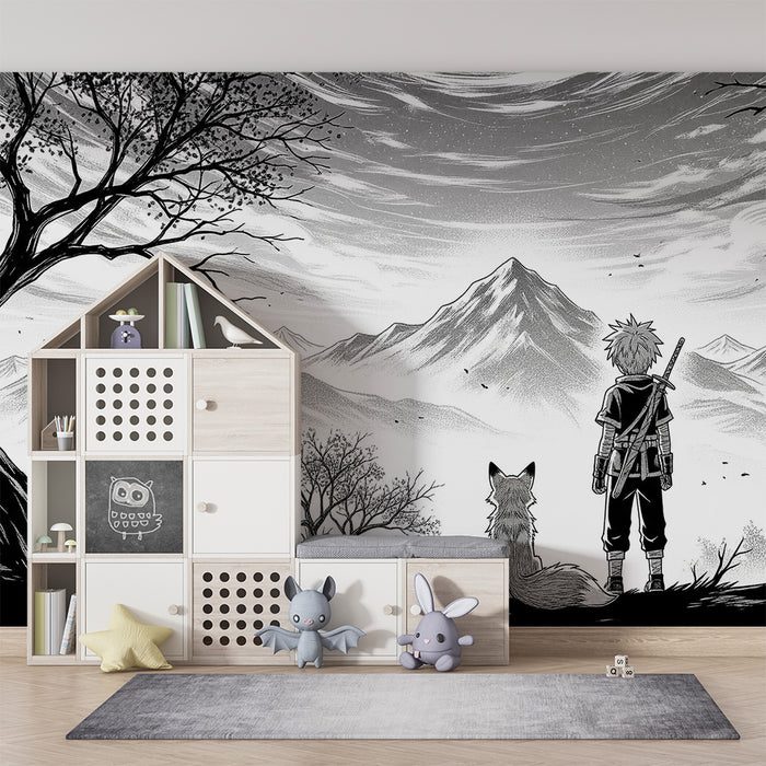 Papier peint chambre enfant | Aventure en montagne avec un jeune héros et son renard
